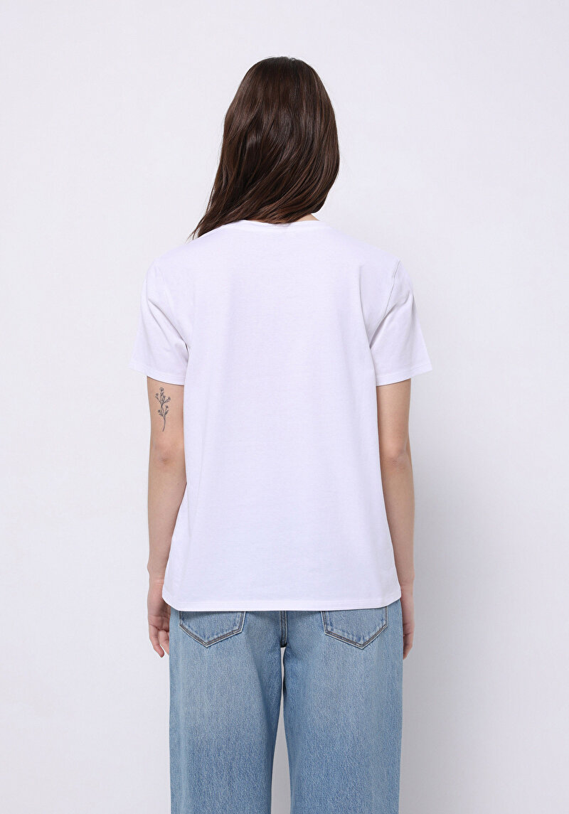 Regular Fit Yuvarlak Yaka Baskılı Kadın Beyaz Kısa Kol Tişört