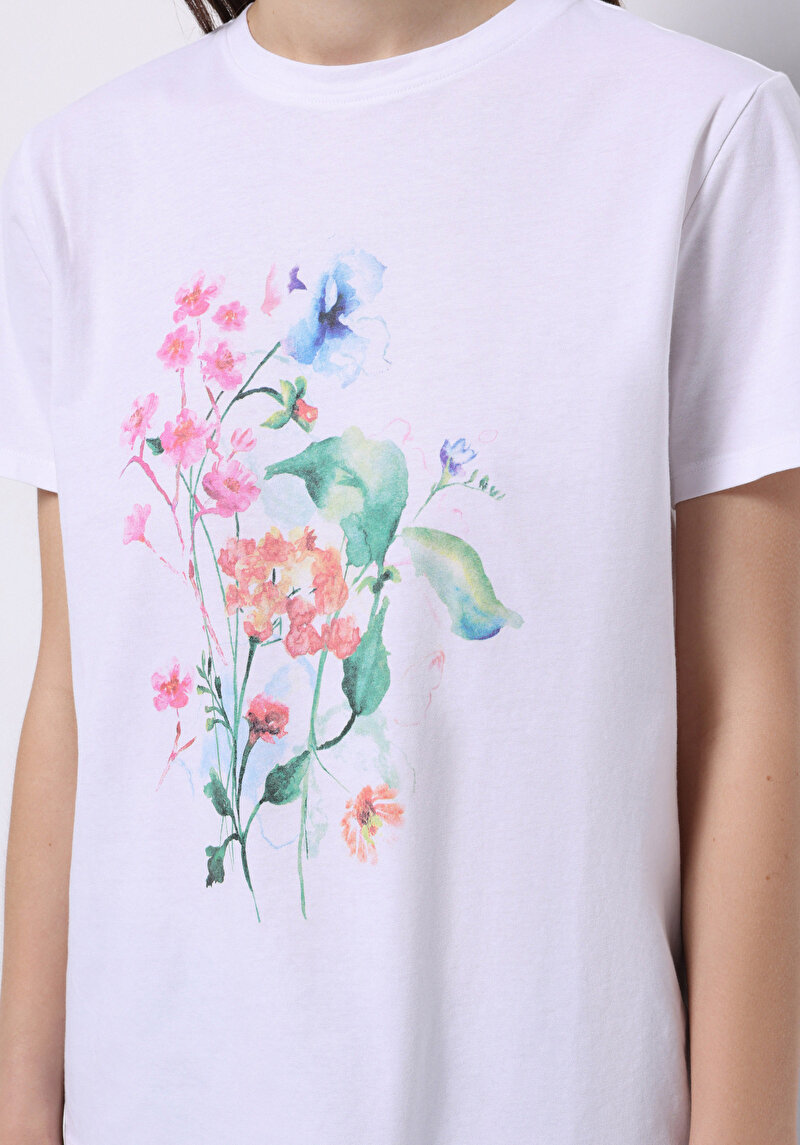 Regular Fit Yuvarlak Yaka Baskılı Kadın Beyaz Kısa Kol Tişört