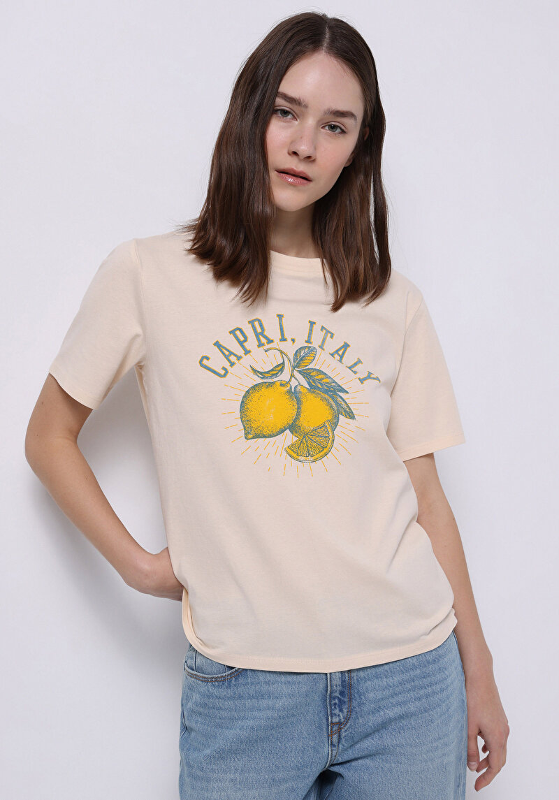 Regular Fit Yuvarlak Yaka Baskılı Kadın Bej Kısa Kol Tişört