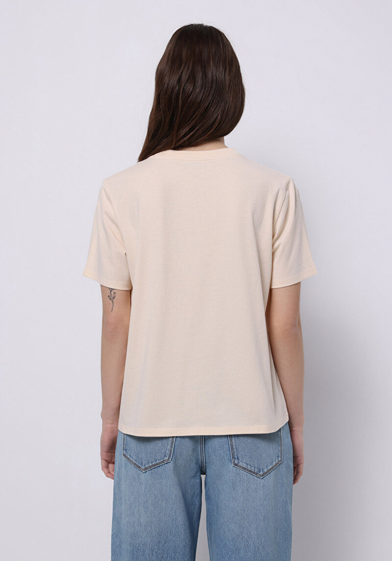 Regular Fit Yuvarlak Yaka Baskılı Kadın Bej Kısa Kol Tişört