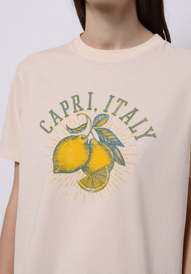 Regular Fit Yuvarlak Yaka Baskılı Kadın Bej Kısa Kol Tişört