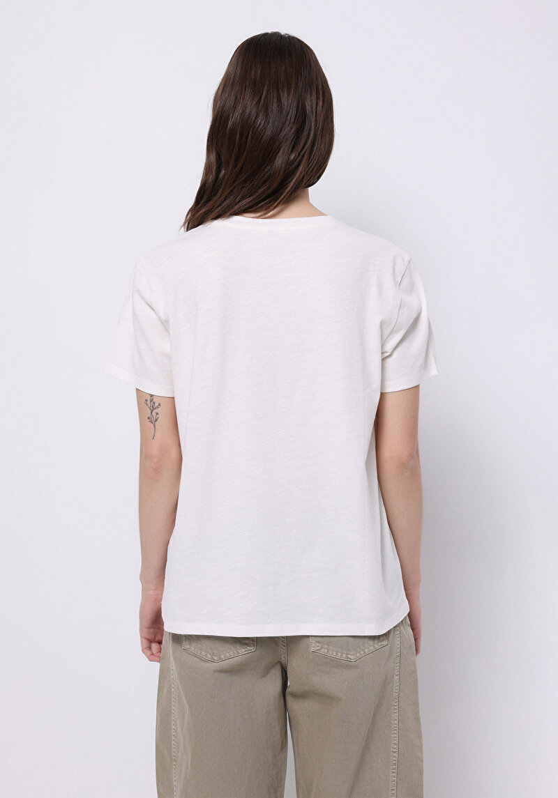 Regular Fit Yuvarlak Yaka Baskılı Kadın Beyaz Kısa Kol Tişört