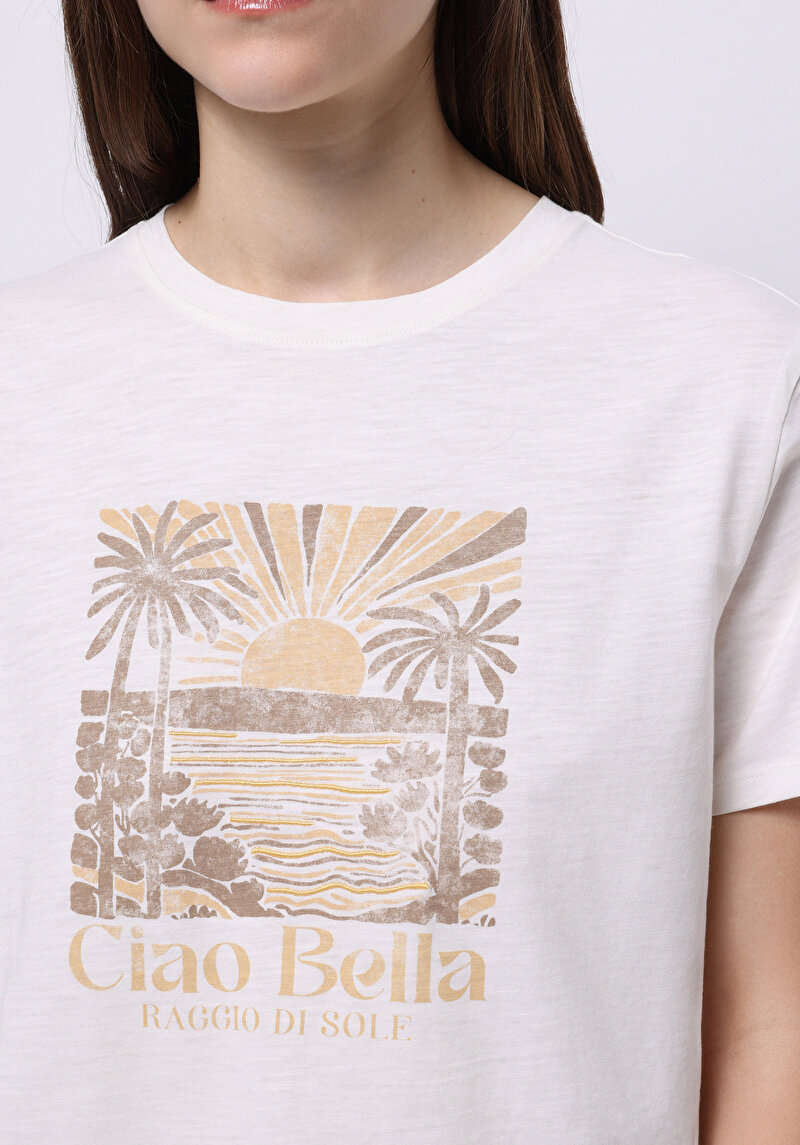 Regular Fit Yuvarlak Yaka Baskılı Kadın Beyaz Kısa Kol Tişört