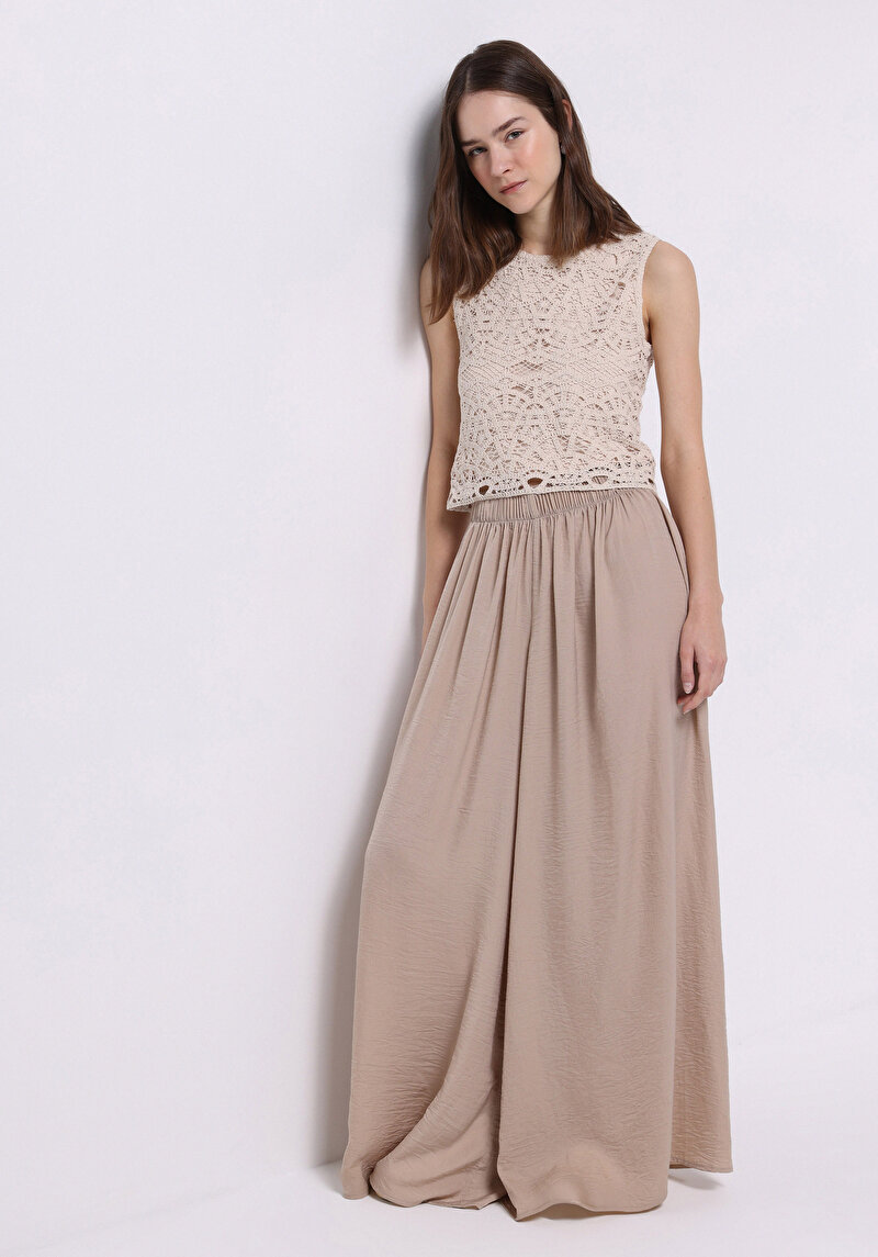 Regular Fit Yüksek Bel Geniş Paça Kadın Bej Pantolon