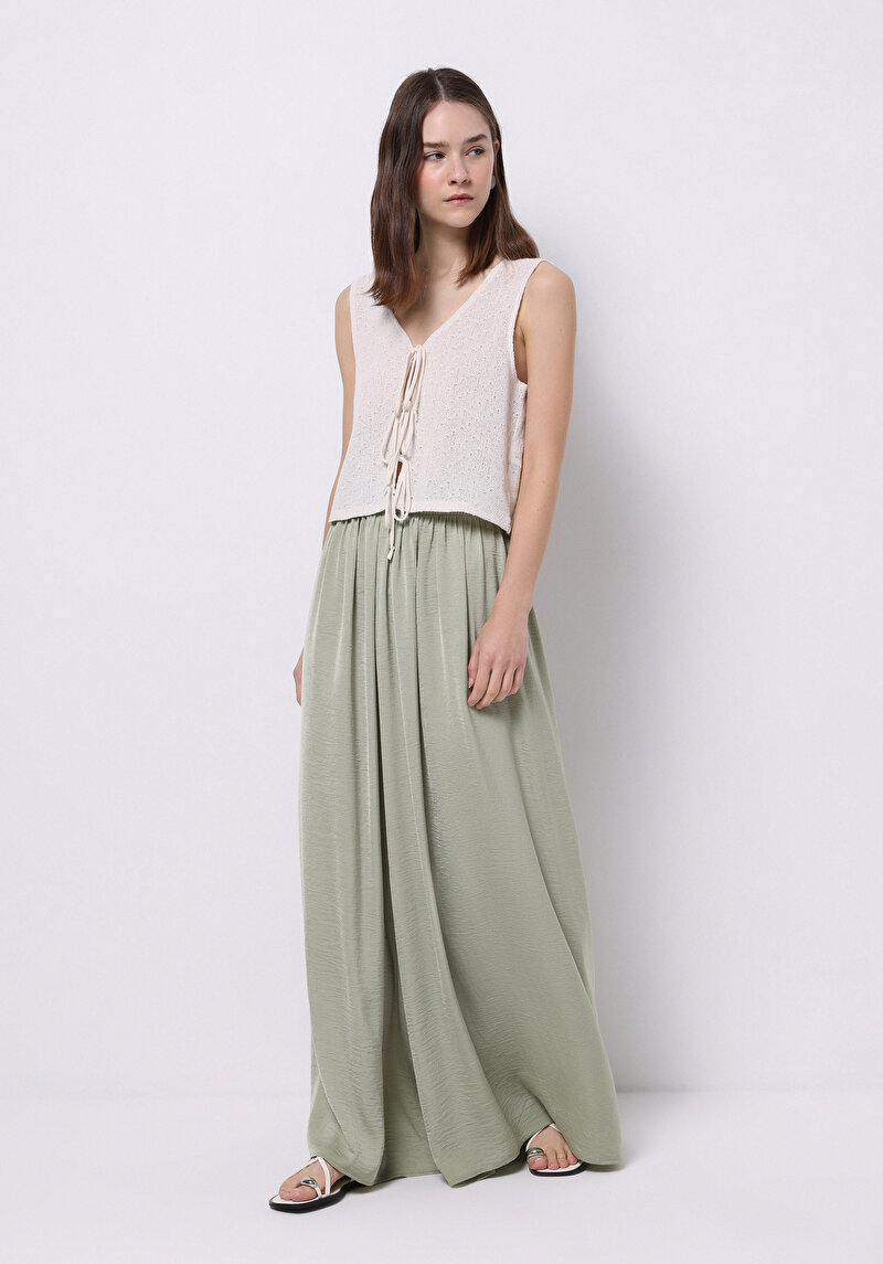 Regular Fit Yüksek Bel Geniş Paça Kadın Yeşil Pantolon