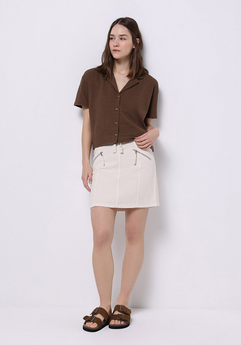 Mini Pamuklu Düz Bağcıklı Kadın Bej Etek