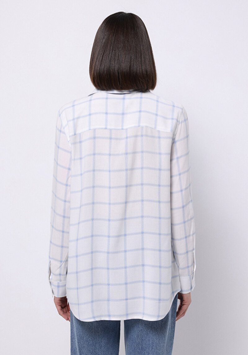Regular Fit Shirt Neck Ekoseli Kadın Mavi Uzun Kol Gömlek