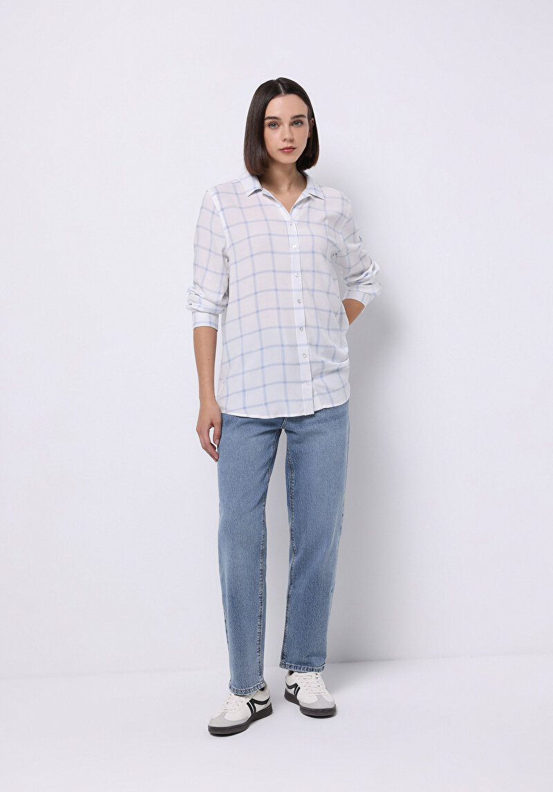 Regular Fit Shirt Neck Ekoseli Kadın Mavi Uzun Kol Gömlek