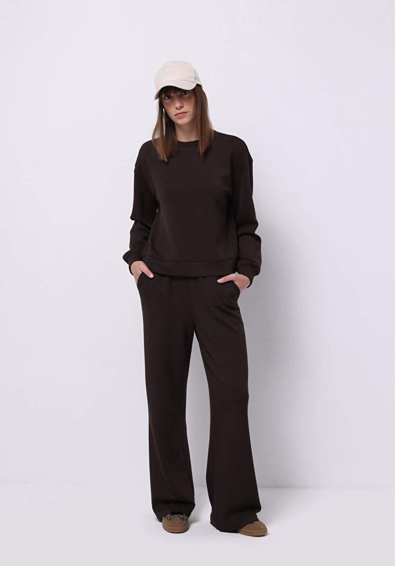 Regular Fit Orta Bel Düz Kadın Kahverengi Eşofman Altı