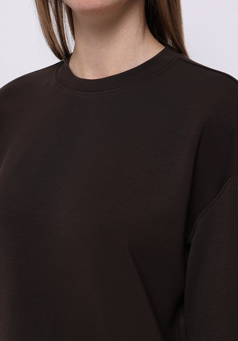 Regular Fit Yuvarlak Yaka Düz Kadın Kahverengi Sweatshirt