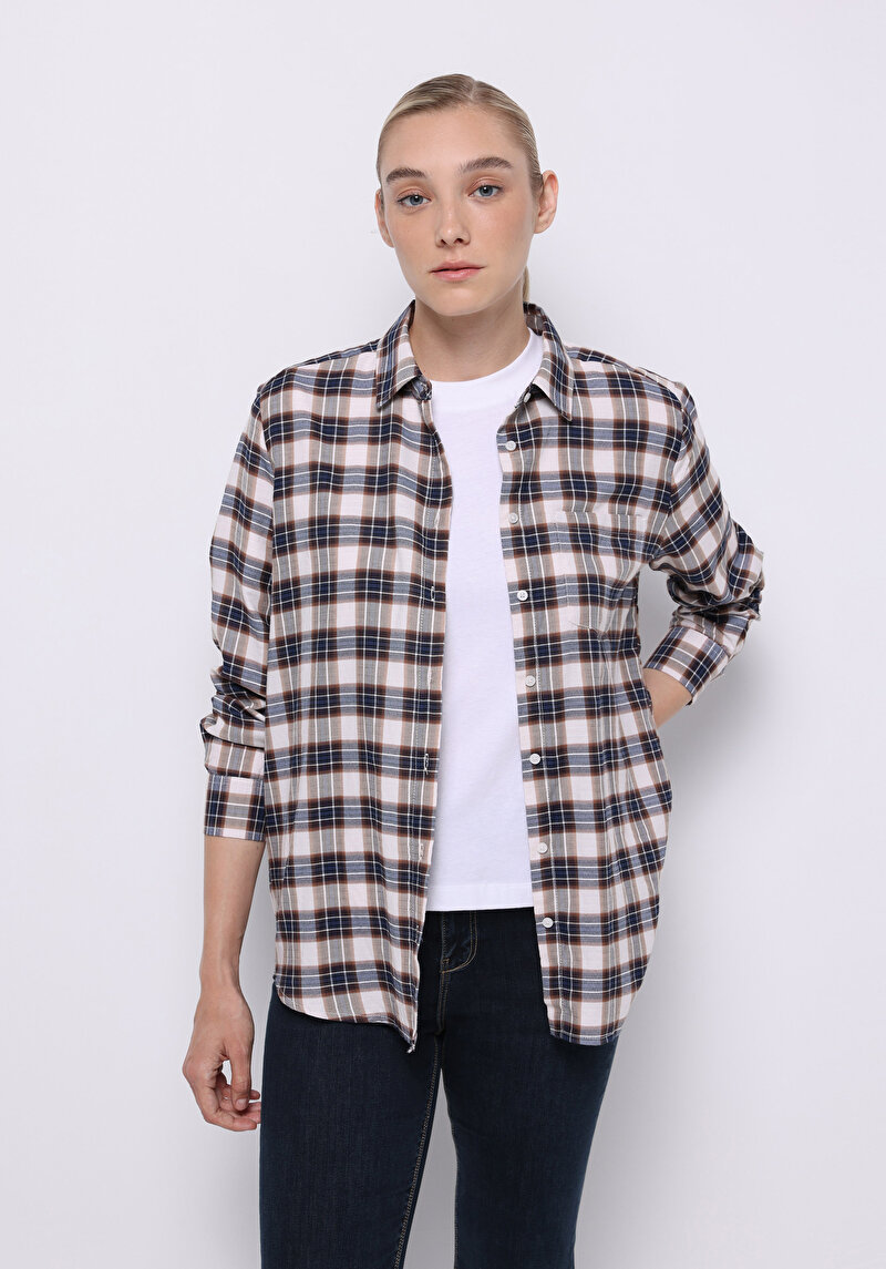 Regular Fit Shirt Neck Ekoseli Kadın Bej Uzun Kol Gömlek