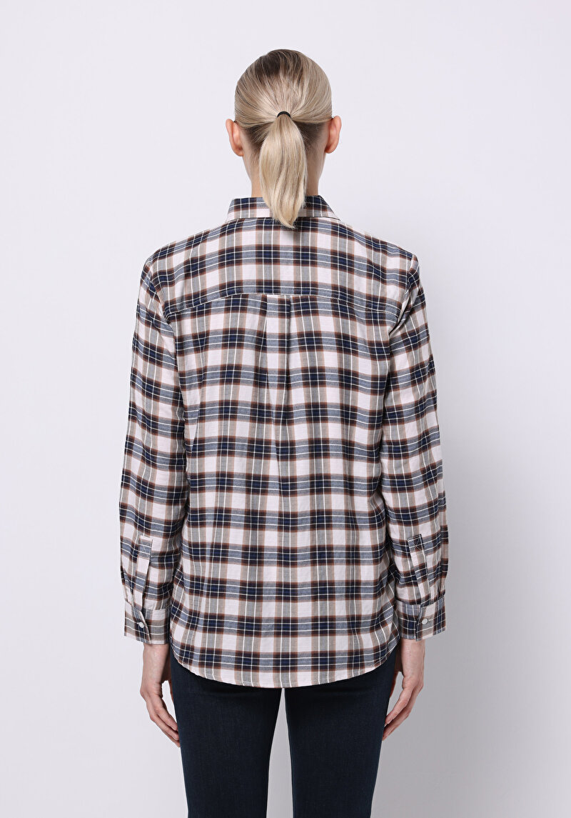 Regular Fit Shirt Neck Ekoseli Kadın Bej Uzun Kol Gömlek