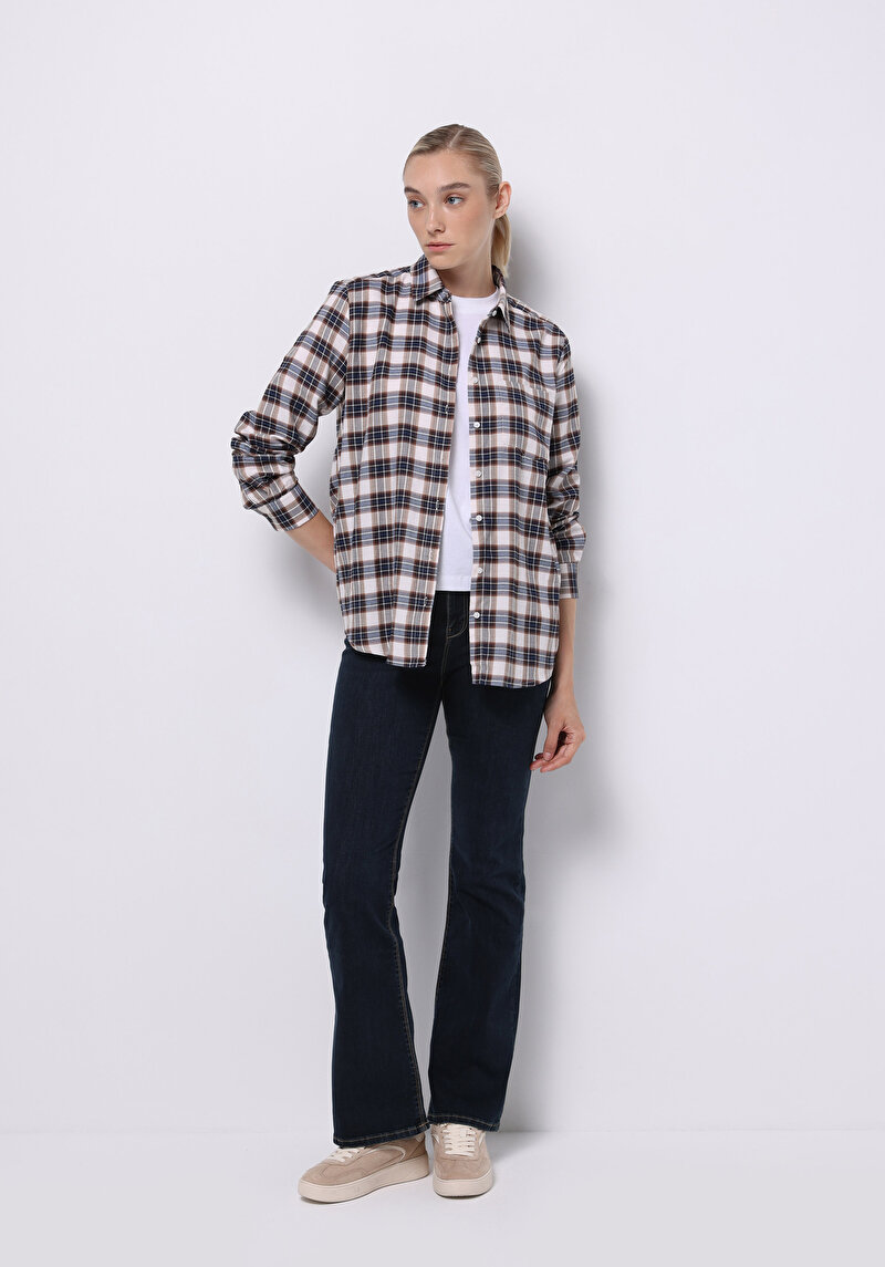 Regular Fit Shirt Neck Ekoseli Kadın Bej Uzun Kol Gömlek