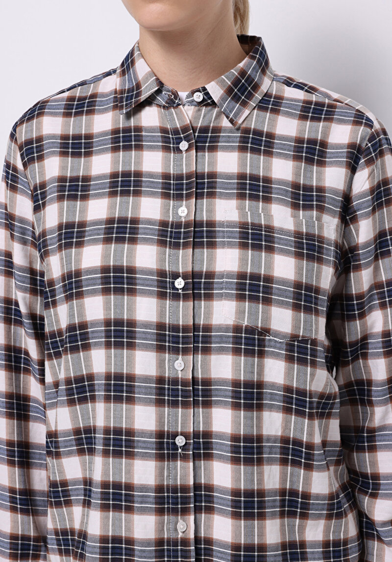 Regular Fit Shirt Neck Ekoseli Kadın Bej Uzun Kol Gömlek