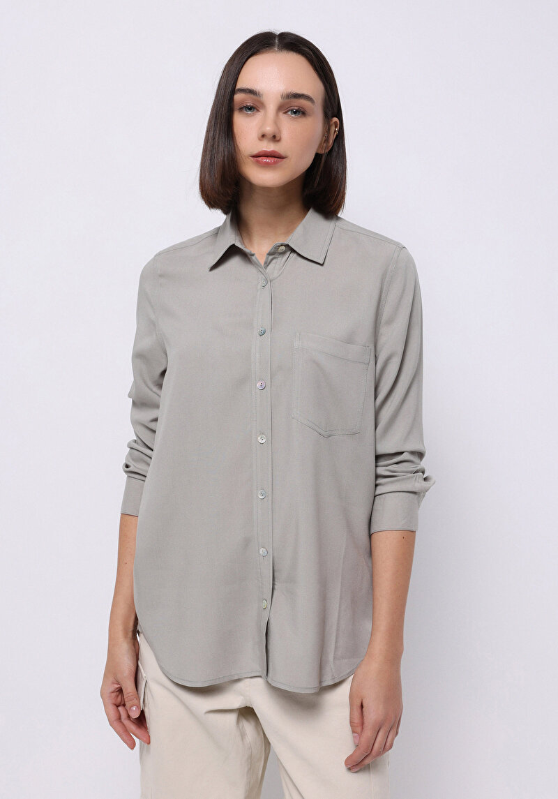 Regular Fit Shirt Neck Düz Kadın Yeşil Uzun Kol Gömlek