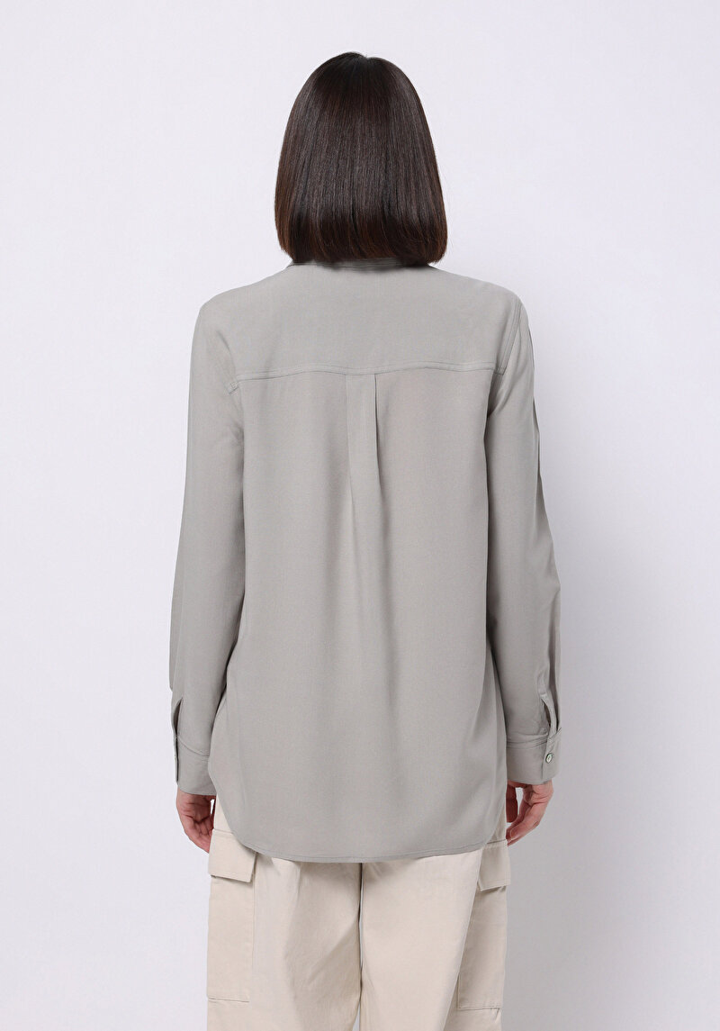 Regular Fit Shirt Neck Düz Kadın Yeşil Uzun Kol Gömlek