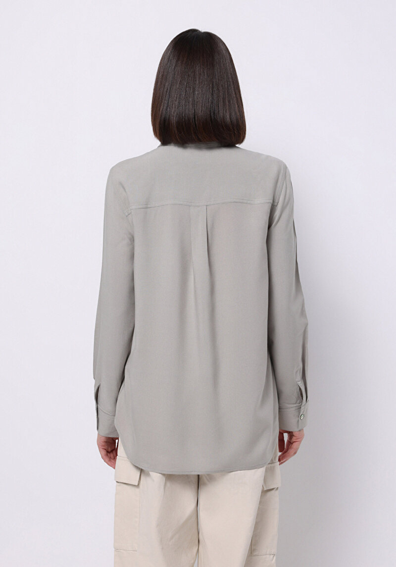 Regular Fit Shirt Neck Düz Kadın Yeşil Uzun Kol Gömlek