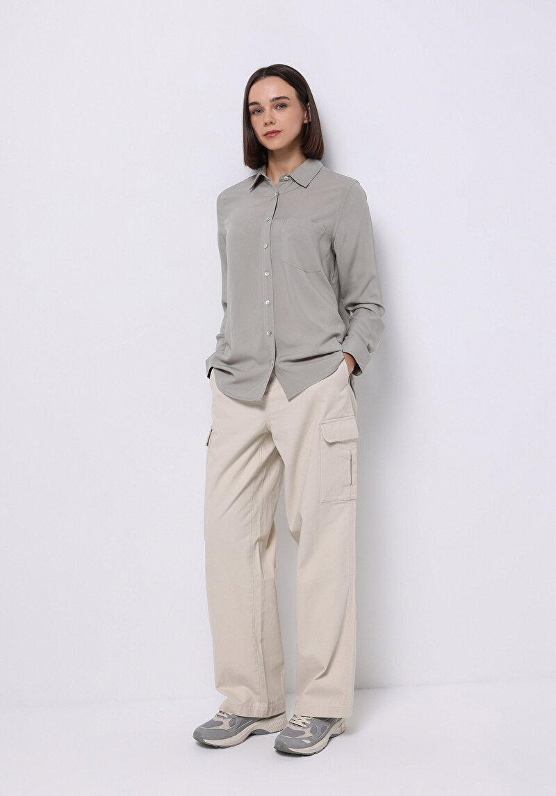 Regular Fit Shirt Neck Düz Kadın Yeşil Uzun Kol Gömlek