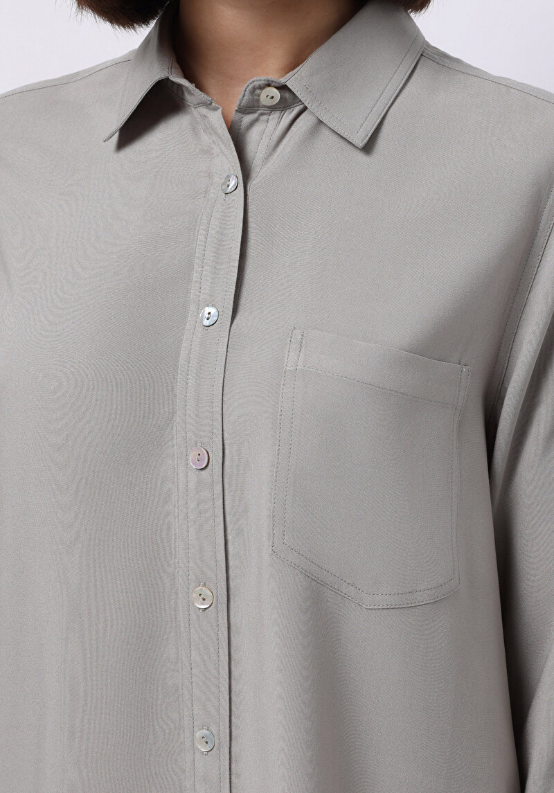 Regular Fit Shirt Neck Düz Kadın Yeşil Uzun Kol Gömlek