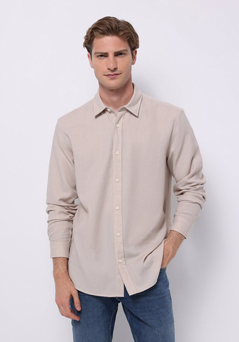 Regular Fit Shirt Neck Düz Erkek Bej Uzun Kol Gömlek