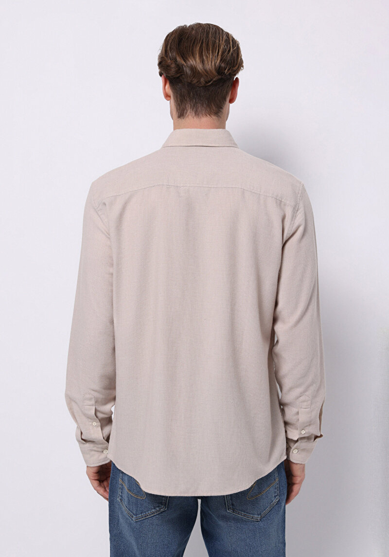 Regular Fit Shirt Neck Düz Erkek Bej Uzun Kol Gömlek