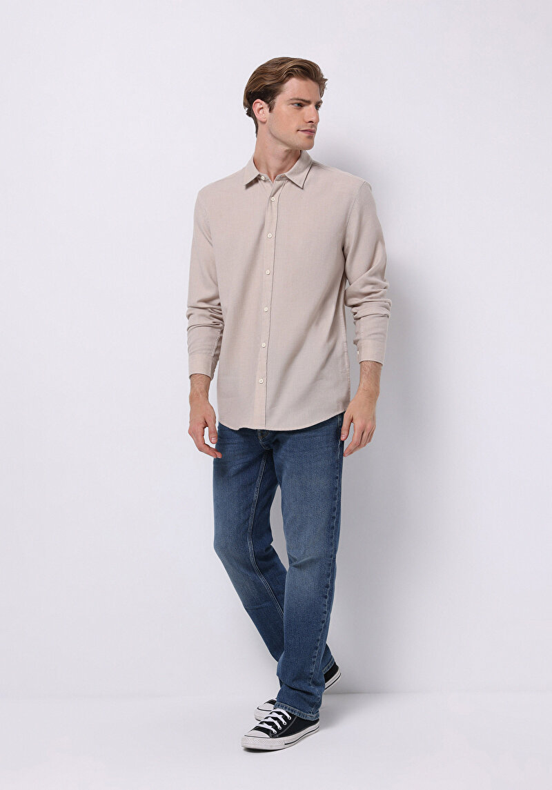 Regular Fit Shirt Neck Düz Erkek Bej Uzun Kol Gömlek