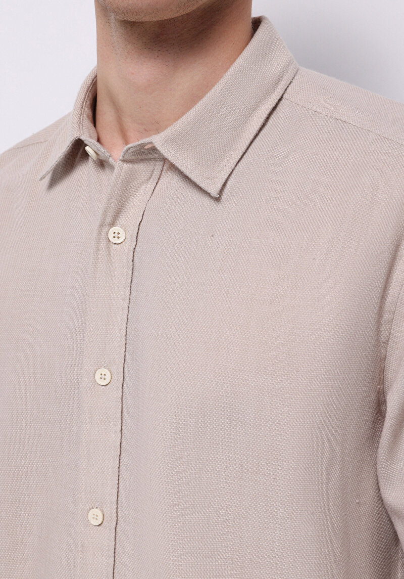 Regular Fit Shirt Neck Düz Erkek Bej Uzun Kol Gömlek