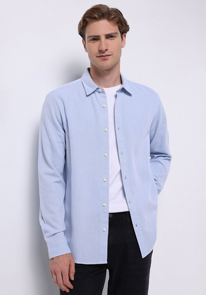 Regular Fit Shirt Neck Düz Erkek Mavi Uzun Kol Gömlek