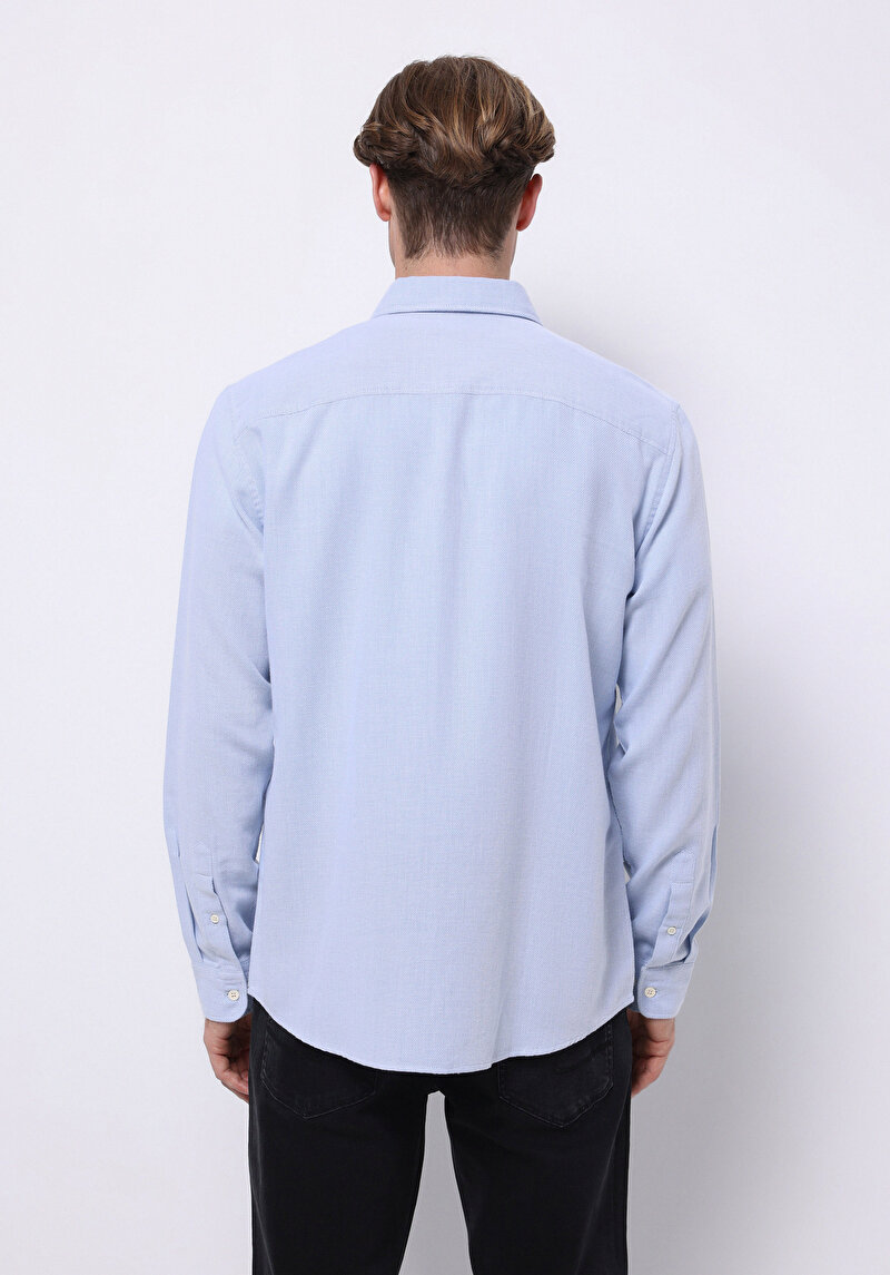 Regular Fit Shirt Neck Düz Erkek Mavi Uzun Kol Gömlek