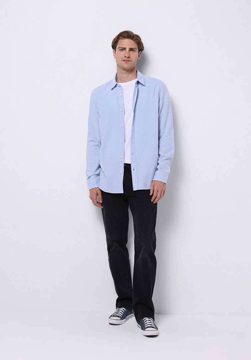 Regular Fit Shirt Neck Düz Erkek Mavi Uzun Kol Gömlek