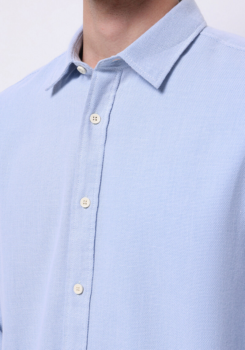 Regular Fit Shirt Neck Düz Erkek Mavi Uzun Kol Gömlek