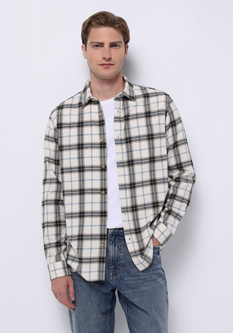 Regular Fit Shirt Neck Ekoseli Erkek Ekru Uzun Kol Gömlek