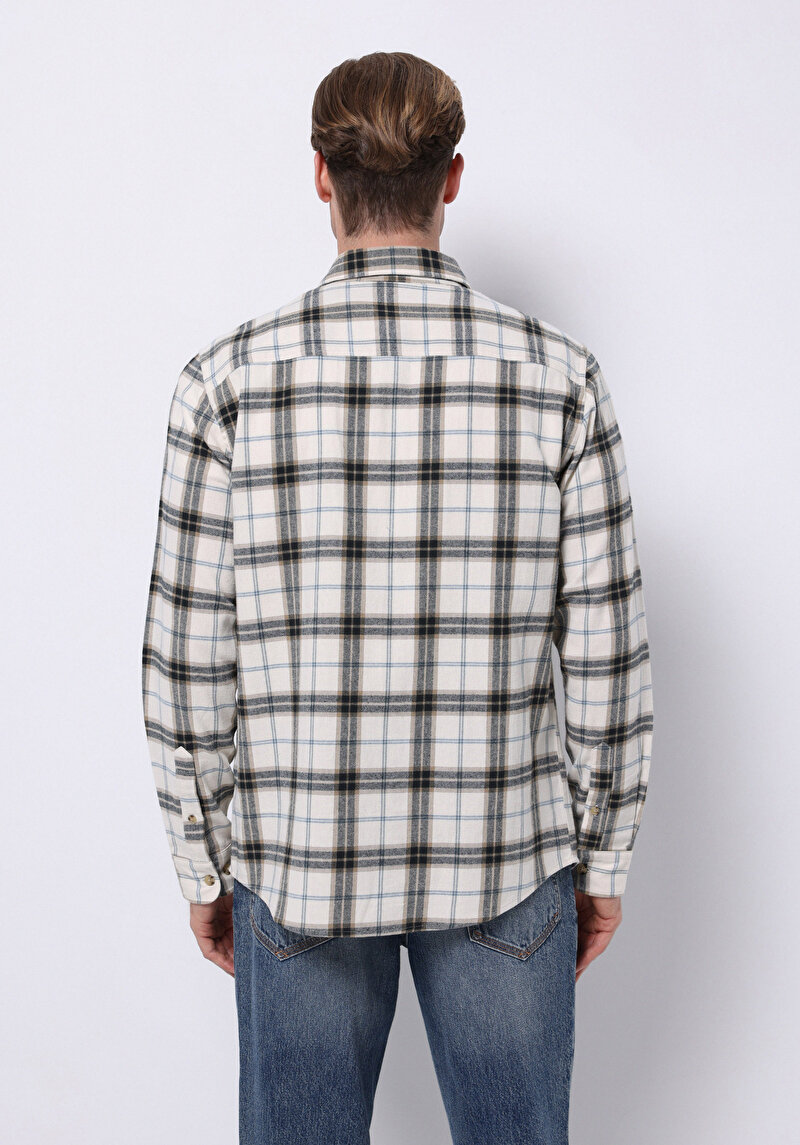 Regular Fit Shirt Neck Ekoseli Erkek Ekru Uzun Kol Gömlek