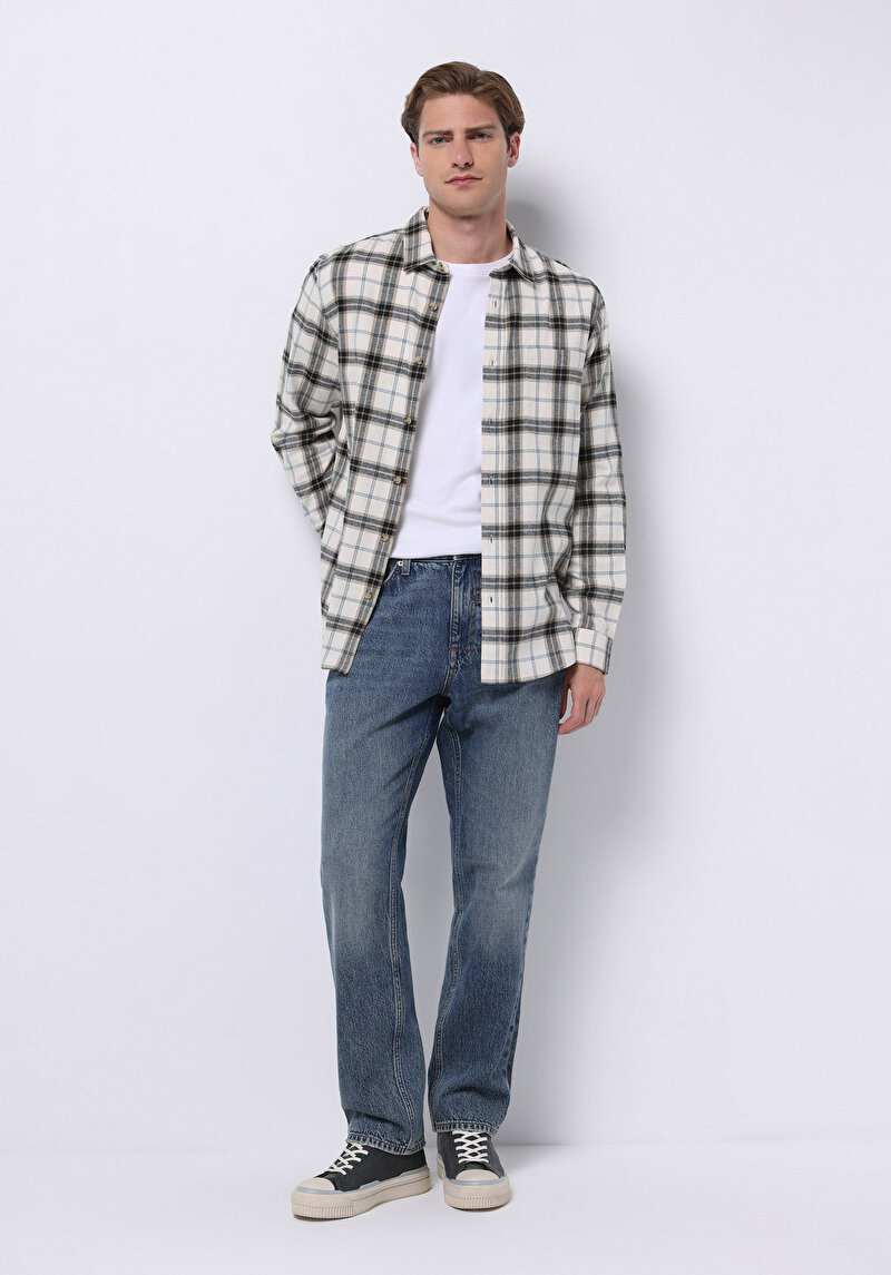 Regular Fit Shirt Neck Ekoseli Erkek Ekru Uzun Kol Gömlek