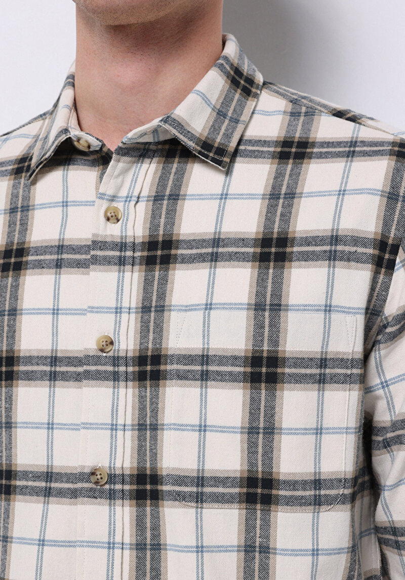 Regular Fit Shirt Neck Ekoseli Erkek Ekru Uzun Kol Gömlek