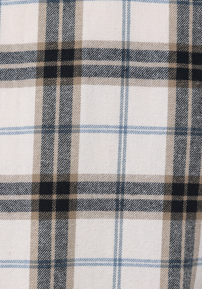 Regular Fit Shirt Neck Ekoseli Erkek Ekru Uzun Kol Gömlek