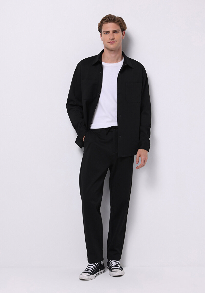 Regular Fit Orta Bel Düz Paça Erkek Siyah  Pantolon