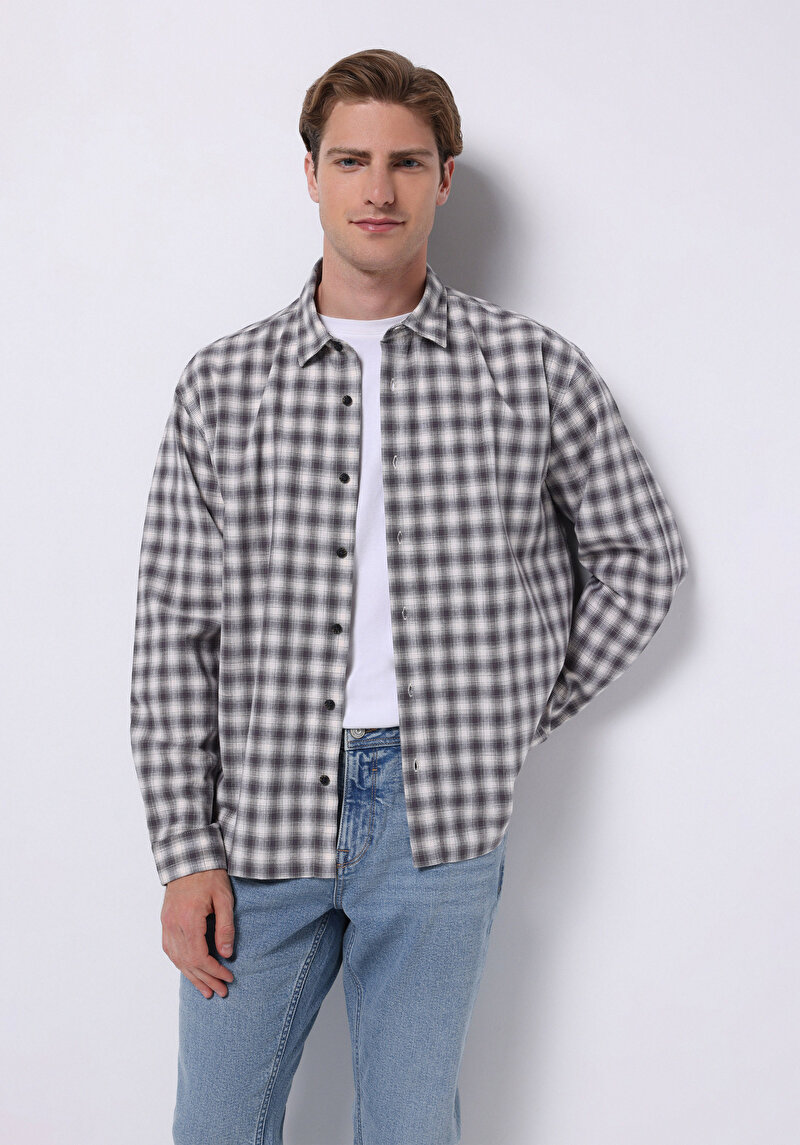 Boxy Fıt Shirt Neck Kareli Erkek Gri Uzun Kol Gömlek