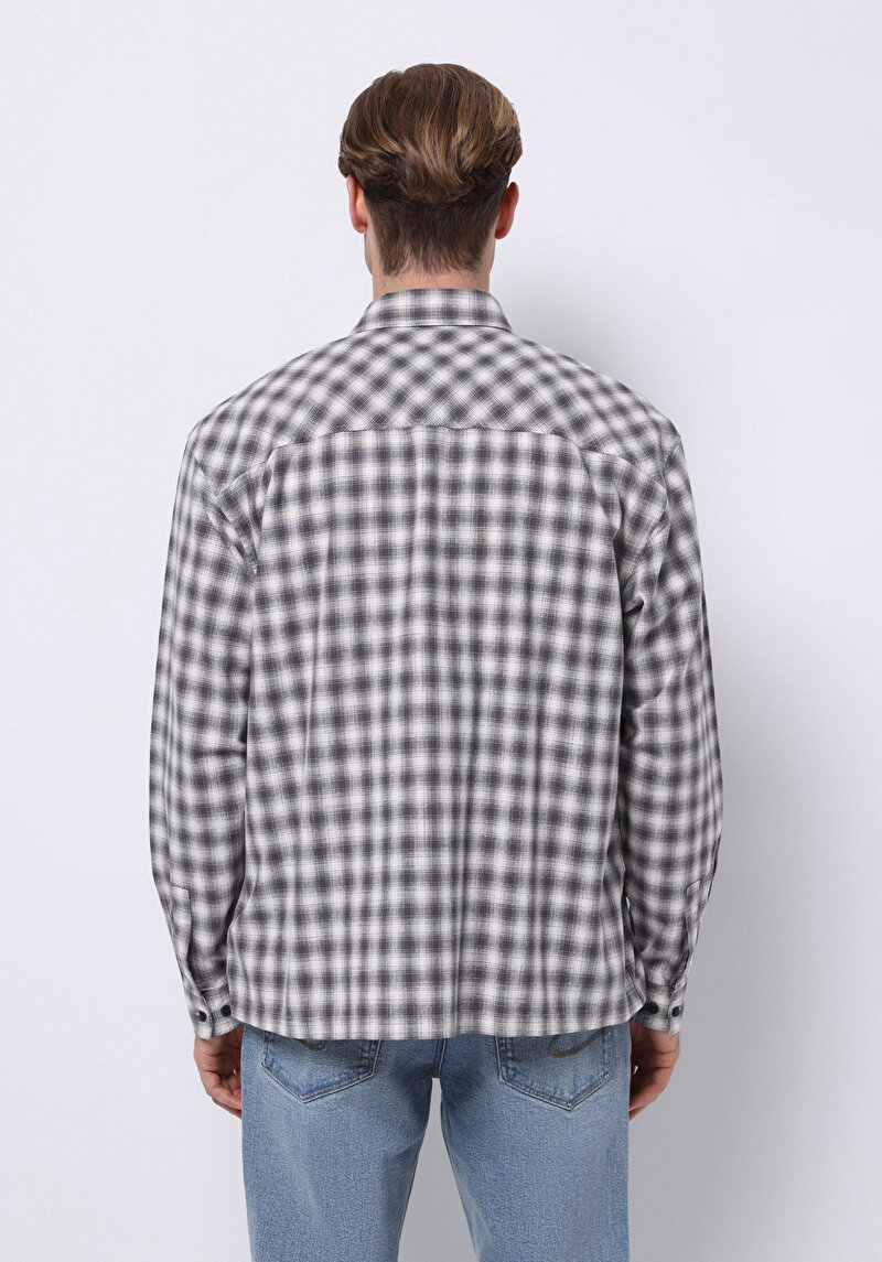 Boxy Fıt Shirt Neck Kareli Erkek Gri Uzun Kol Gömlek