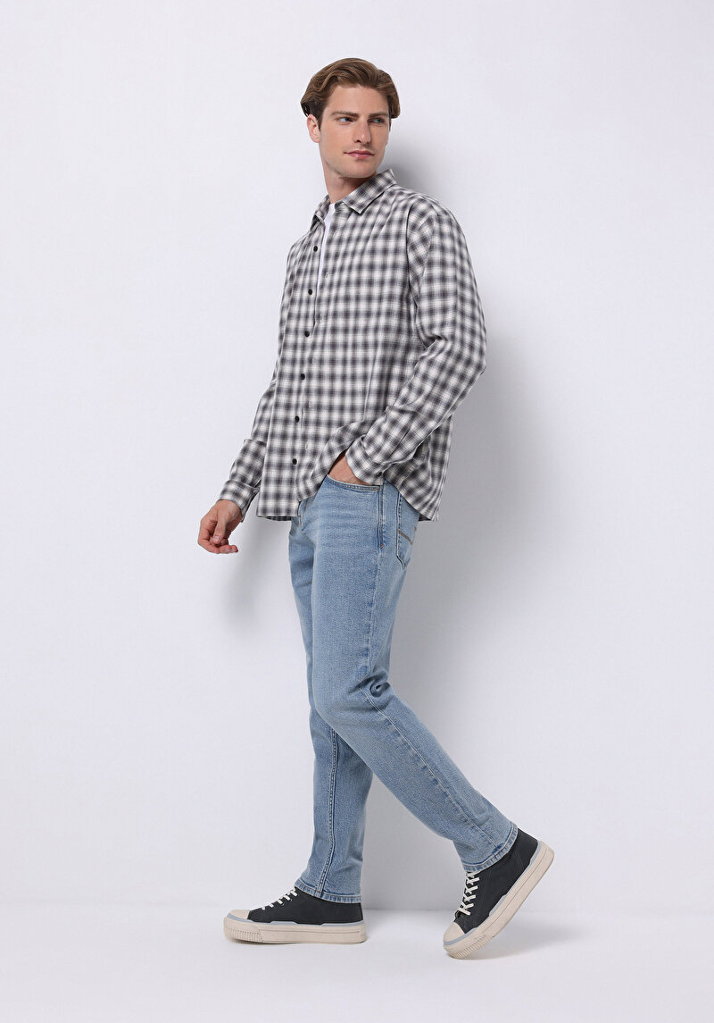Boxy Fıt Shirt Neck Kareli Erkek Gri Uzun Kol Gömlek