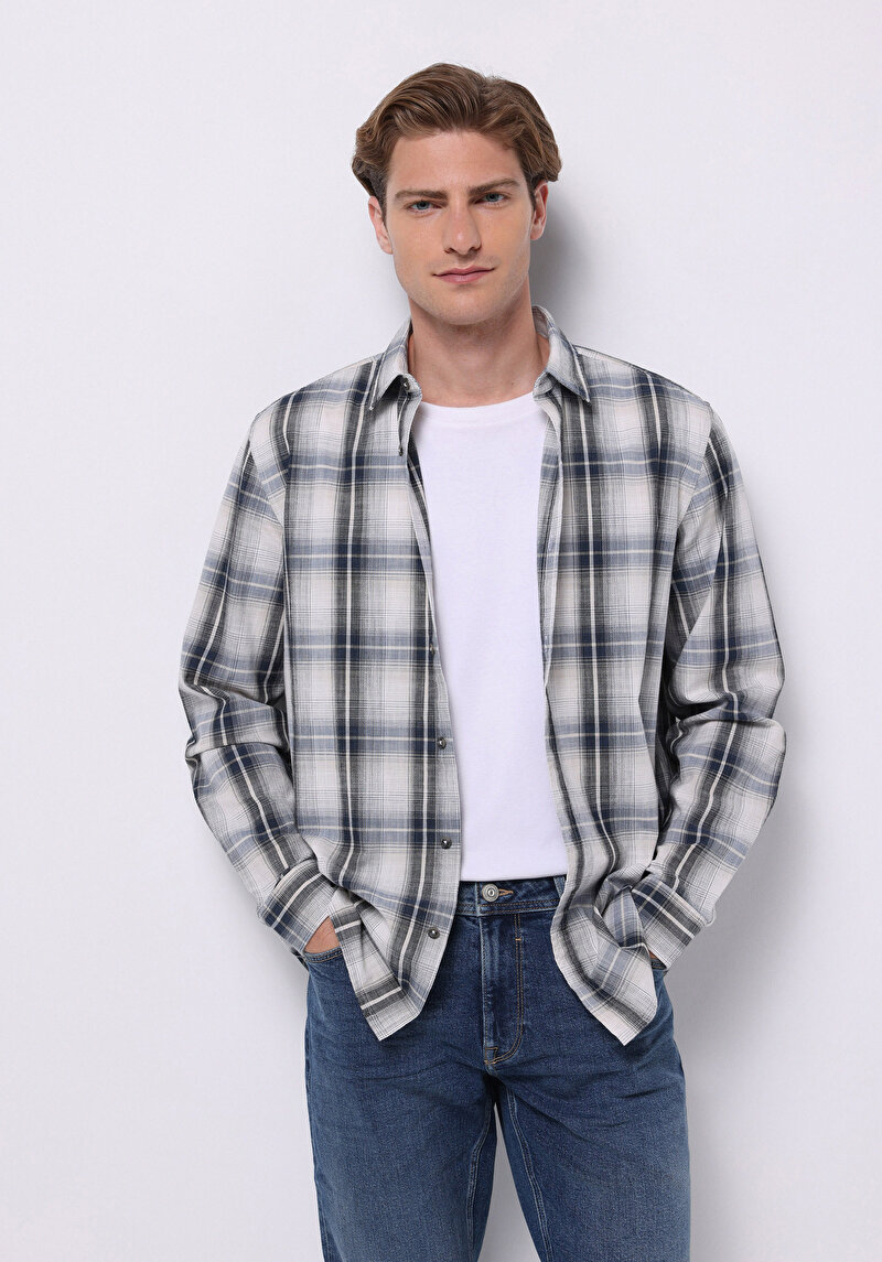 Regular Fit Shirt Neck Ekoseli Erkek Gri Uzun Kol Gömlek
