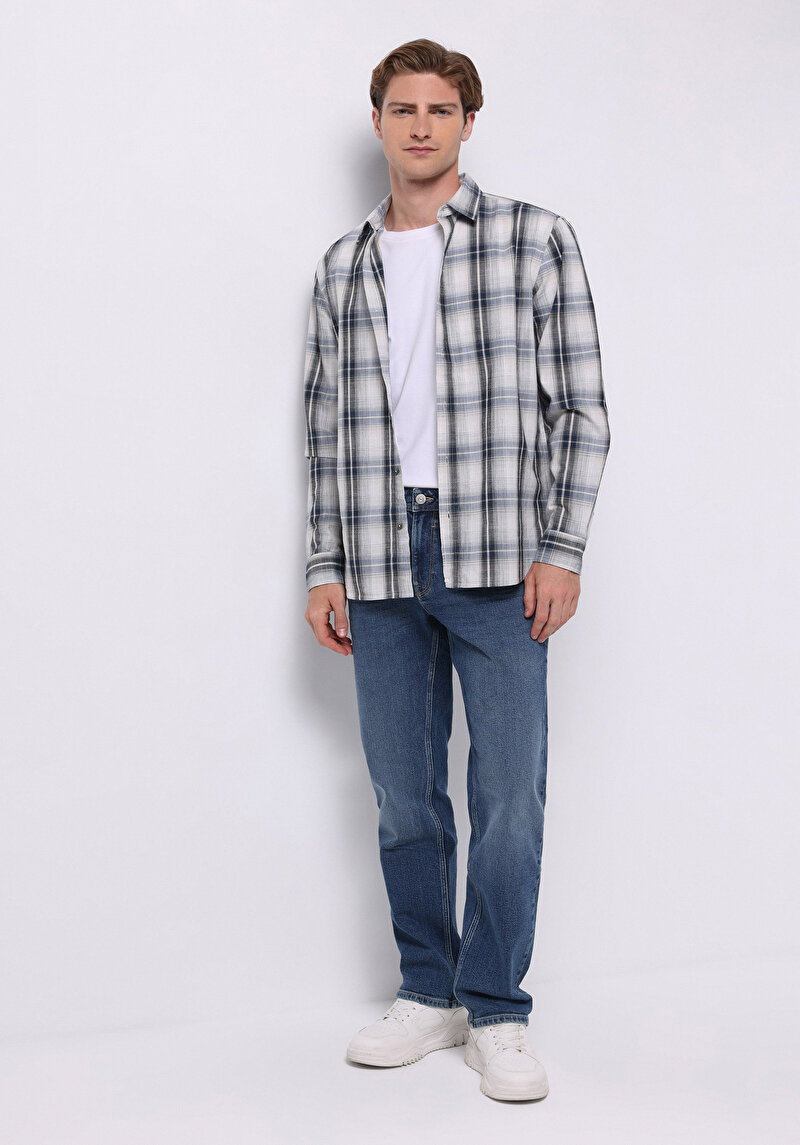 Regular Fit Shirt Neck Ekoseli Erkek Gri Uzun Kol Gömlek