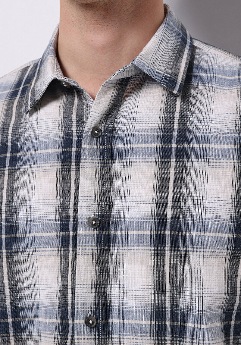 Regular Fit Shirt Neck Ekoseli Erkek Gri Uzun Kol Gömlek