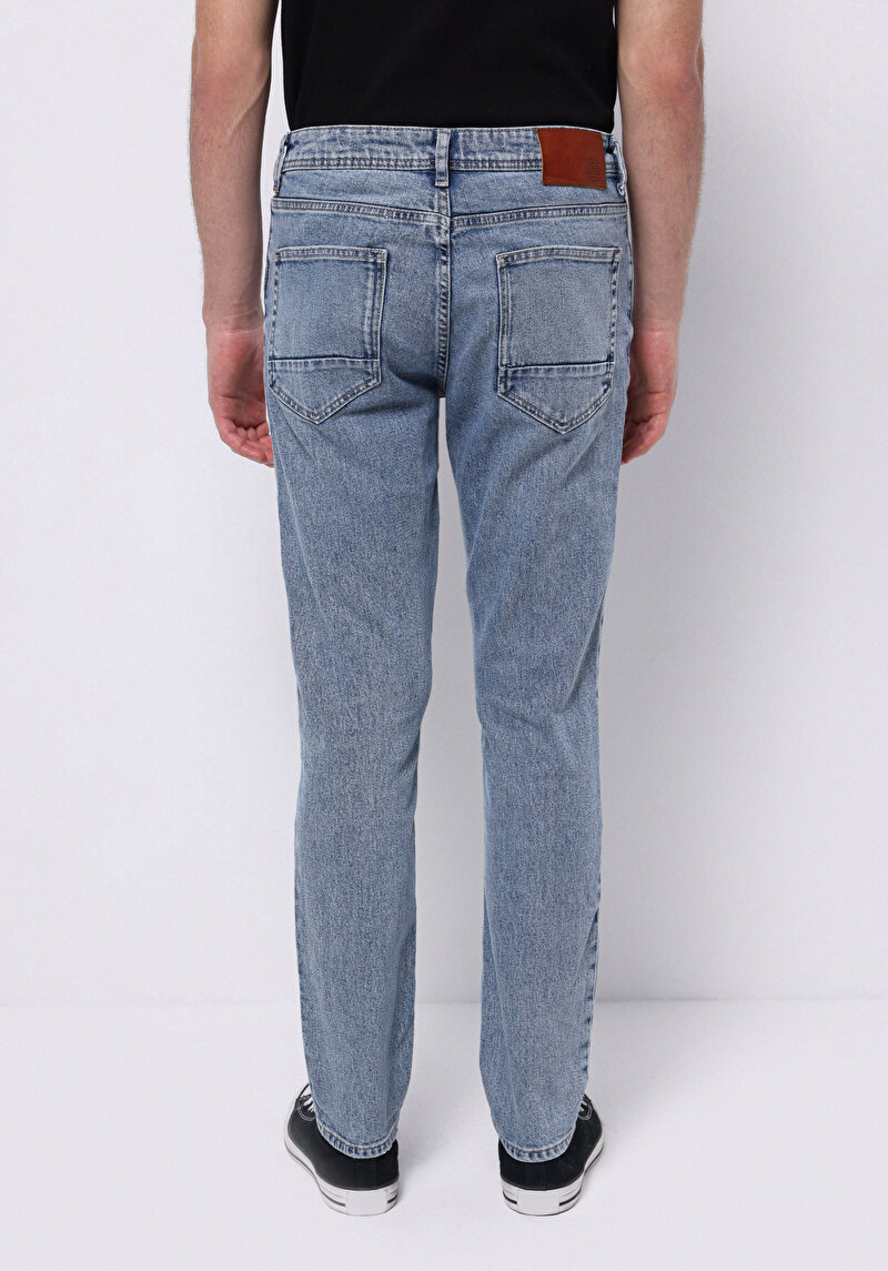 Straight Fit Erkek Light İndigo Denim Jean Fermuarlı Pantolon