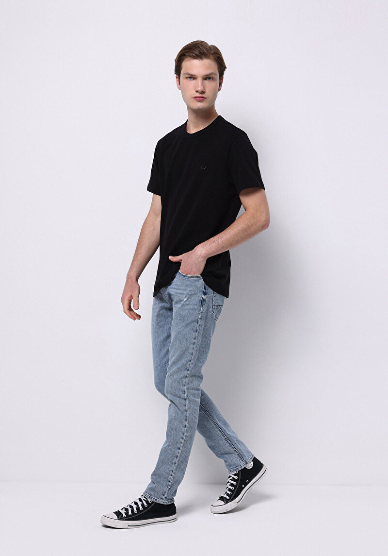 Straight Fit Erkek Light İndigo Denim Jean Fermuarlı Pantolon