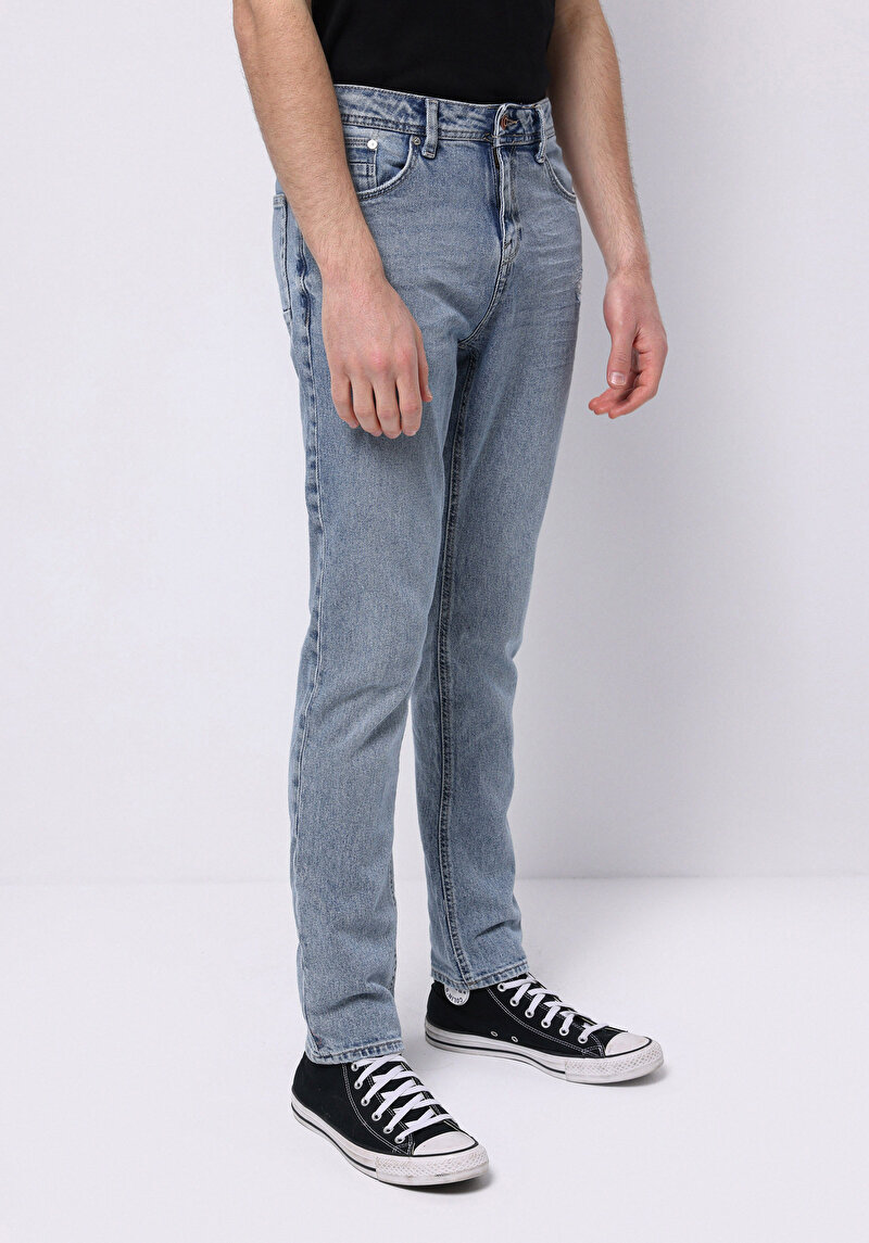 Straight Fit Erkek Light İndigo Denim Jean Fermuarlı Pantolon