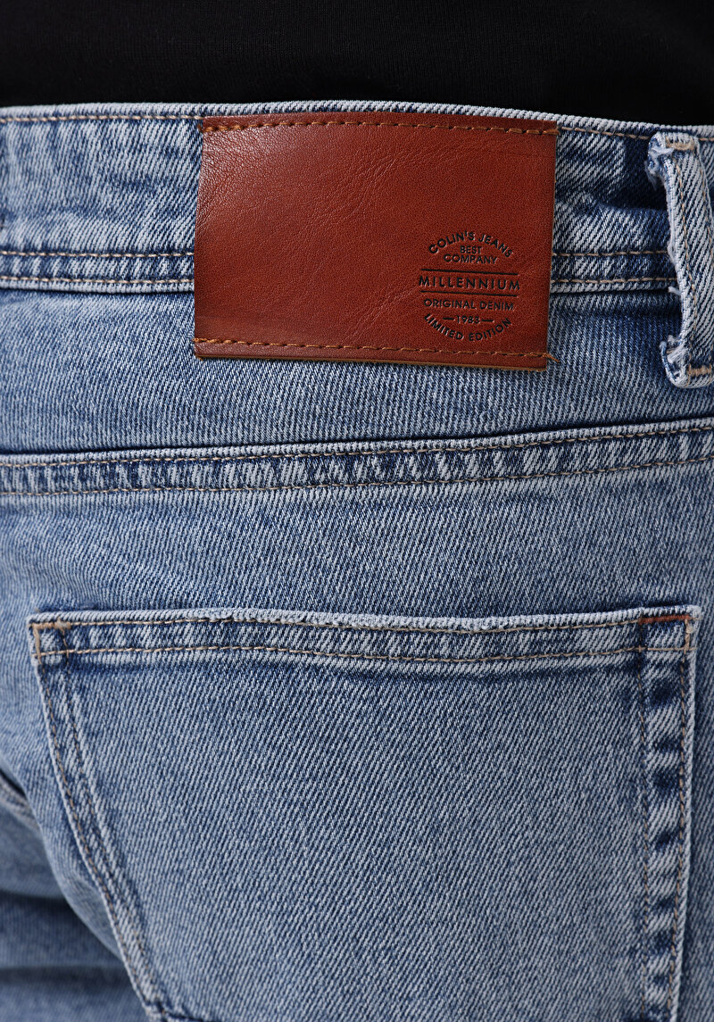 Straight Fit   Erkek Light İndigo Denim Jean Fermuarlı Pantolon