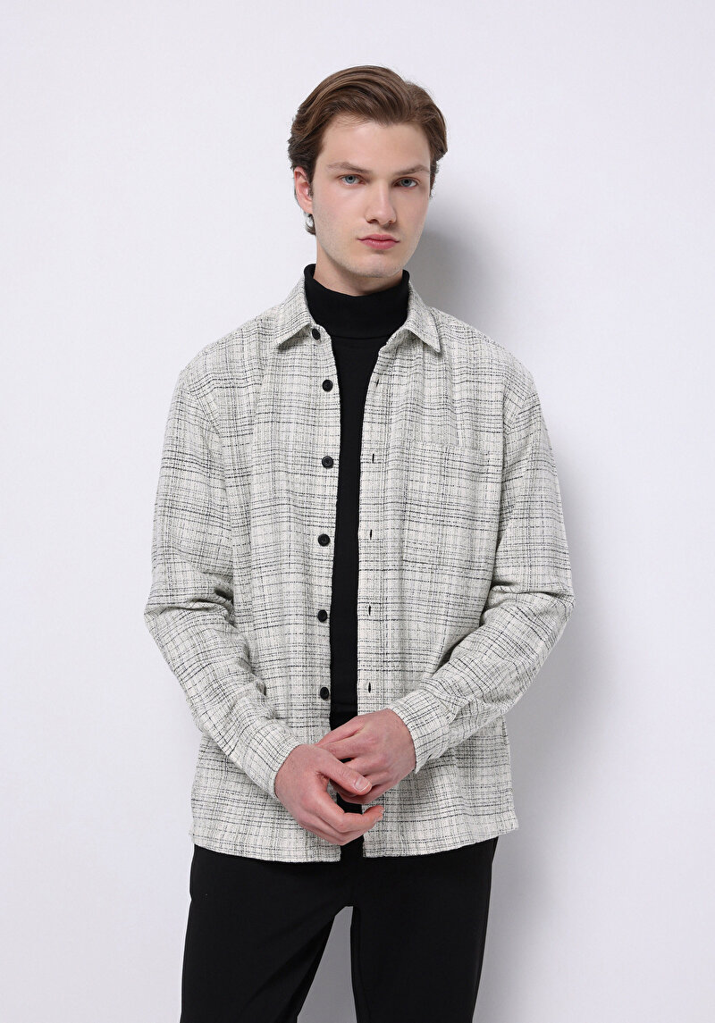 Regular Fit Shirt Neck Ekoseli Erkek Ekru Uzun Kol Gömlek
