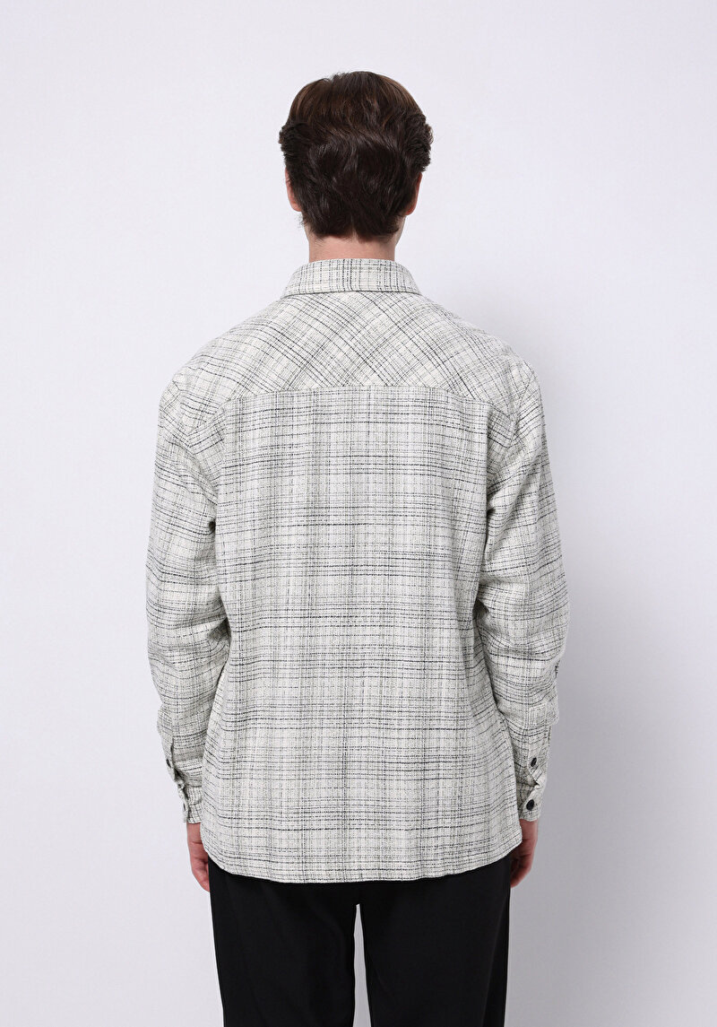 Regular Fit Shirt Neck Ekoseli Erkek Ekru Uzun Kol Gömlek