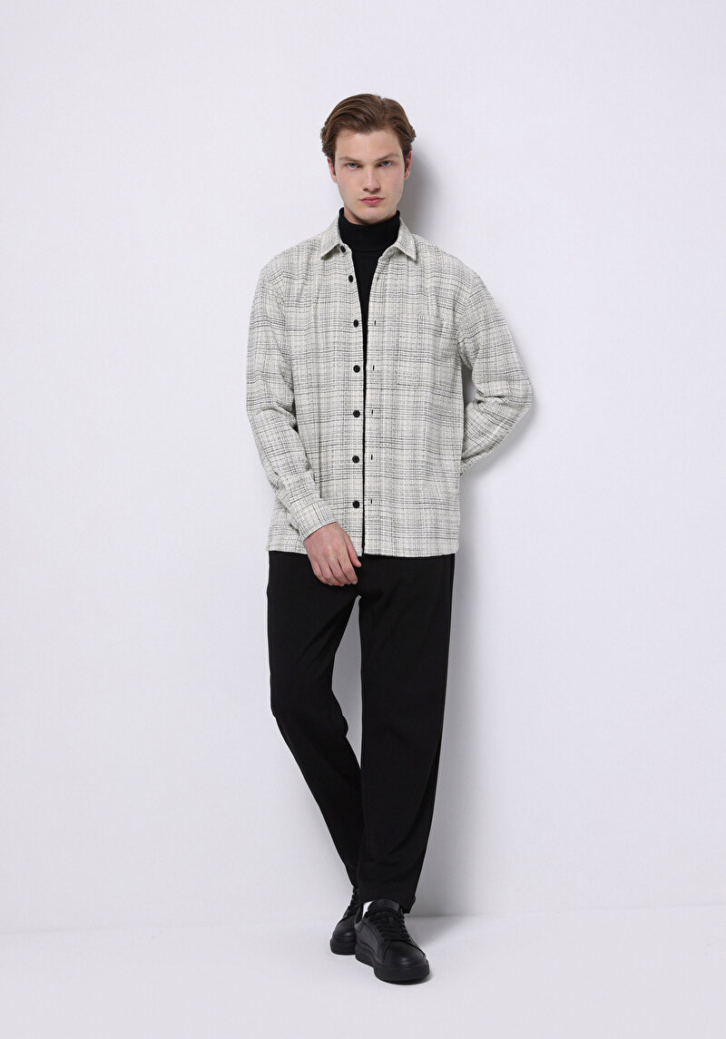 Regular Fit Shirt Neck Ekoseli Erkek Ekru Uzun Kol Gömlek